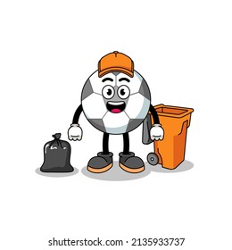 Illustration of soccer ball cartoon as a garbage collector , character design