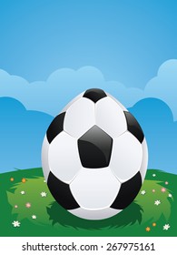 Illustration of soccer ball decorated easter egg on green lawn.