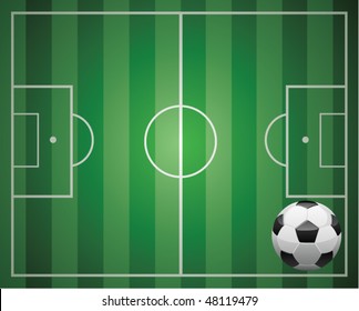 illustration of soccer ball and the field with green stripes