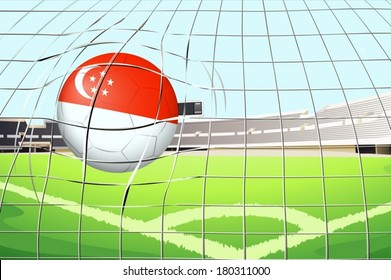 Illustration of a soccer ball with the flag of Singapore hitting a goal