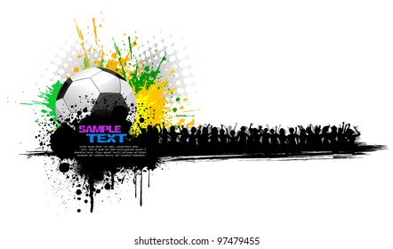 illustration of soccer ball on abstract grungy background with cheering crowd