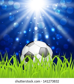Illustration soccer ball on green grass with shine effect - vector