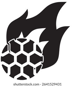 illustration of a soccer ball with pentagon pattern silhouette and fiery speed
