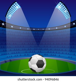 illustration of soccer ball in stadium with floodlight and crowd