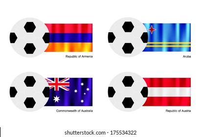 An Illustration of Soccer Balls or Footballs with Flag of Armenia, Aruba, Australia and Austria on Isolated on A White Background. 