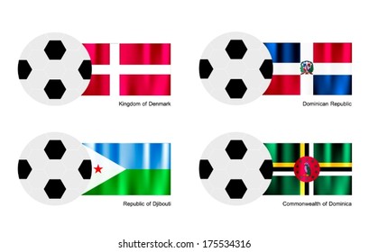 An Illustration of Soccer Balls or Footballs with Flags of Denmark, Dominican, Djibouti and Dominica on Isolated on A White Background. 