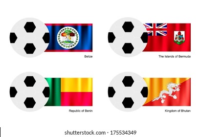 An Illustration of Soccer Balls or Footballs with Flags of Belize, The Islands of Bermuda, Republic of Benin and Kingdom of Bhutan on Isolated on A White Background. 