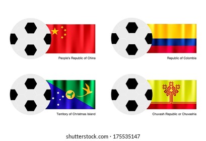 An Illustration of Soccer Balls or Footballs with Flags of China, Colombia, Christmas Island and Chuvash Republic or Chuvashia on Isolated on A White Background. 