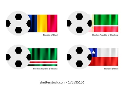 An Illustration of Soccer Balls or Footballs with Flags of Chad, Chechen Republic, Ichkeria and Chile on Isolated on A White Background. 