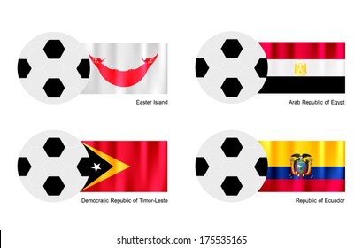 An Illustration of Soccer Balls or Footballs with Flags of Easter Island, Egypt, Timor Leste and Ecuador on Isolated on A White Background. 