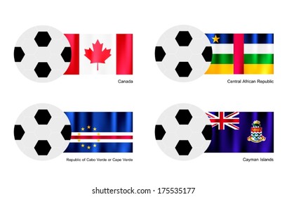 An Illustration of Soccer Balls or Footballs with Flags of Canada, Central African Republic, Republic of Cabo Verde or Cape Verde and Cayman Islands. 