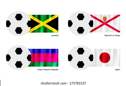 An Illustration of Soccer Balls or Footballs with Flags of Jamaica, Bailiwick of Jersey, Kuban and Japan on Isolated on A White Background. 