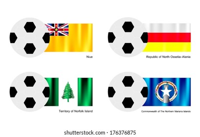 An Illustration of Soccer Balls or Footballs with Flags of Niue, North Al ania, Territory of Norfolk Island, and Northern Mariana Islands. 