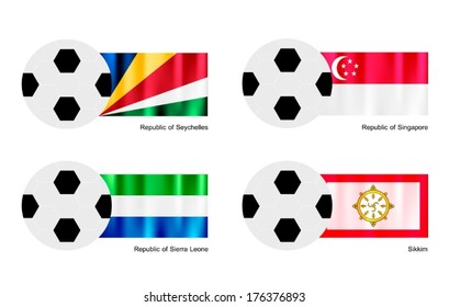 An Illustration of Soccer Balls or Footballs with Flags of Seychelles, Singapore, Sierra Leone and Sikkim on Isolated on A White Background. 