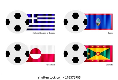 An Illustration of Soccer Balls or Footballs with Flags of Greece, Guam, Greenland and Grenada on Isolated on A White Background. 