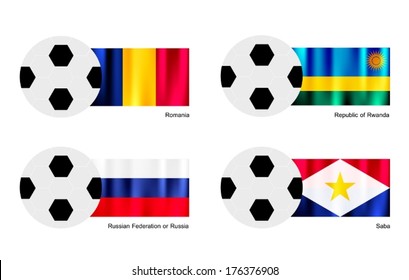 An Illustration of Soccer Balls or Footballs with Flags of Romania, Rwanda, Russian Federation or Russia and Saba on Isolated on A White Background. 