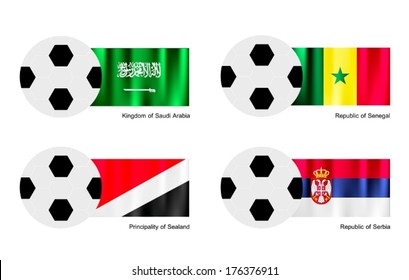 An Illustration of Soccer Balls or Footballs with Flags of Saudi Arabia, Senegal, Principality of Se aland and Serbia on Isolated on A White Background.