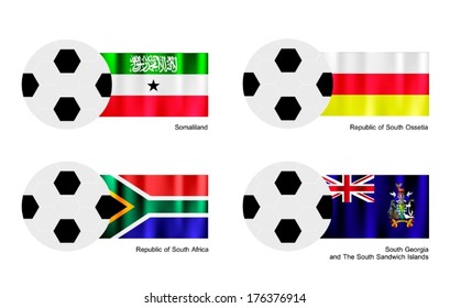 An Illustration of Soccer Balls or Footballs with Flags of Somali land , South Africa and South Georgia and The South Sandwich Islands.