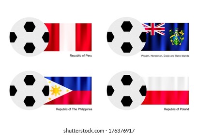 An Illustration of Soccer Balls or Footballs with Flags of Peru, Pitcairn Islands, Philippines and Poland on Isolated on A White Background. 