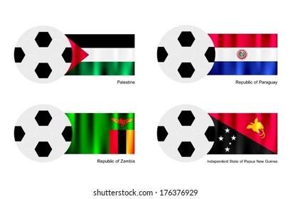 An Illustration of Soccer Balls or Footballs with Flags of Palestine, Paraguay, Zambia and Papa New Guinea on Isolated on A White Background. 