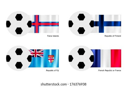 An Illustration of Soccer Balls or Footballs with Flags of Faroe Islands, Finland, Fiji and French 