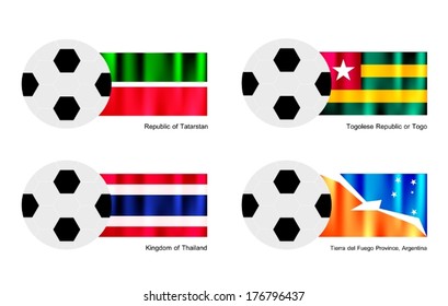 An Illustration of Soccer Balls or Footballs with Flags of Tatarstan, Togolese Republic or Togo, Thailand and Tierra del Fuego Province, Argentina. 