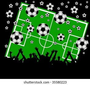 illustration of a soccer field and fans on black background