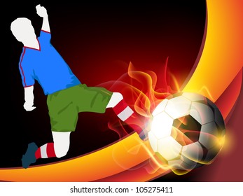 Illustration of a soccer football player in action, soccer ball with flame on shiny wave background. EPS 10.