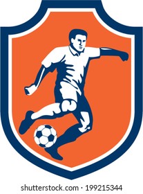 Illustration of a soccer football player kicking soccer ball set inside shield crest done in retro style.