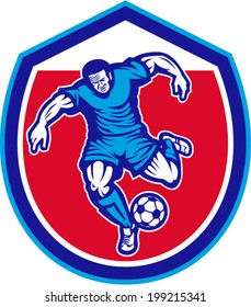 Illustration of a soccer football player running kicking soccer ball set inside shield crest done in retro style.