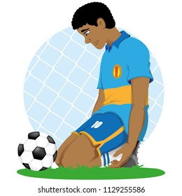 Illustration of soccer player african descent sad knee in front of a ball, defeated, eliminated, losing. Ideal for sports and educational materials