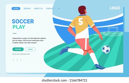 Illustration Soccer player character on stadium sport Landing Page Design for web page and app concept. soccer player trying to dribble towards goal