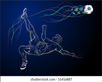 Illustration of a soccer player doing bicycle kick, with line-art and colorful lines