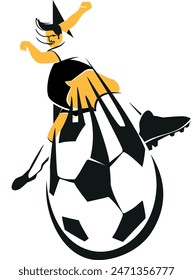 Illustration des Fußballspielers in dynamischer Pose, der einen mächtigen Tritt in einen Ball macht, um ein Ziel auf einem Fußballspielplatz zu erreichen