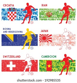 Illustration of a soccer player and a group of people. National colors of  Croatia, Iran, Bosnia and Herzegovina, Japan, Switzerland and Cameroon. Please see my Collection 1, 2, 4, 5 and 6.