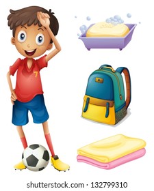 Ilustración de un futbolista con su mochila y productos de baño con fondo blanco
