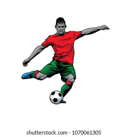 illustration soccer player kick ball in red and green jersey