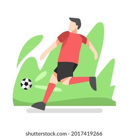 illustration of a soccer player kicking a ball. isolated on a green and white background. suitable for the theme of sports, activity, athlete etc. flat vector style