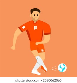 Illustration of a soccer player making a short pass or kicking the ball, wearing an orange jersey.