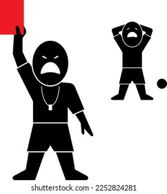 Illustration of soccer player and referee. The person on the left has a red card and an angry face. The man on the right has his hands over his head and a look of despair. EPS data.