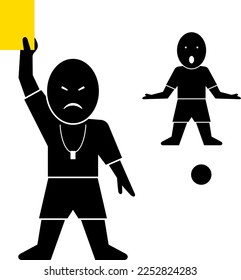 Illustration of soccer player and referee. The person on the left holds up a yellow card and looks angry. The person on the right has his hands outstretched and a protesting expression. EPS data.