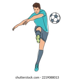 illustration of a soccer player running and kicking the ball with enthusiasm on target while celebrating the victory of the goal