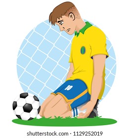 Illustration of soccer player sad Brazil knee in front of a ball, defeated, eliminated, lose. Ideal for sports and educational materials