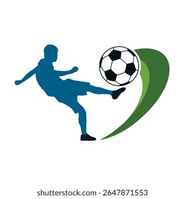 Ilustração de uma silhueta de jogador de futebol chutando uma bola, acentuada por um elegante elemento de design swooping, refletindo o movimento e a energia, adequado para temas relacionados com esportes e temas recreativos.