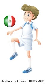 Illustration of a soccer player using the ball with the flag of Mexico on a white background