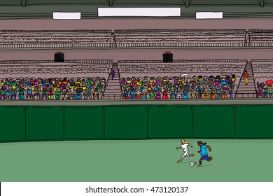 Illustration of soccer players running after ball at stadium with large diverse crowd under blank scoreboard