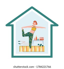 Illustration for the social company I will STAY at HOME. A girl who goes in for sports exercises at home. The woman is being quarantined by COVID-19. Vector line flat illustration for your design.