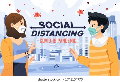 illustration of social distancing to avoid the contagious of covid-19 with city background. used for poster, info graphic and other