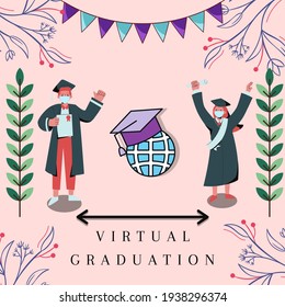 Illustration of social distancing student graduation and wearing masks during the coronavirus era, virtual graduation
