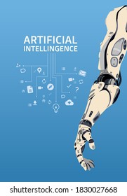Illustration of social media icons on left side and cyber arm on right in blue background. Security of social media by artificial intelligence.